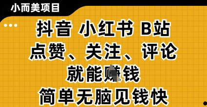 小而美的项目，抖音小红书B站视频点赞、关注、评论就能挣钱，简单无脑立见收益，妥妥的零撸项目【揭秘】-余宽网创