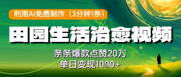 利用AI免费制作田园生活治愈视频，条条爆款点赞20W，单日变现几张-余宽网创