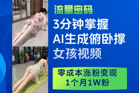 3分钟掌握AI生成俯卧撑女孩视频，零成本涨粉变现，1个月1W粉-余宽网创
