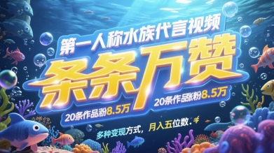 第一人称水族代言视频，条条万赞，20条作品涨粉7.8W，多种变现方式月入五位数-余宽网创