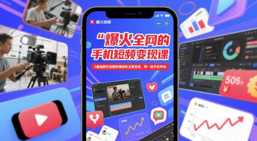 爆火全网的手机短视频变现课，0基础教你拍摄剪辑涨粉运营变现，用一部手机挣钱-余宽网创