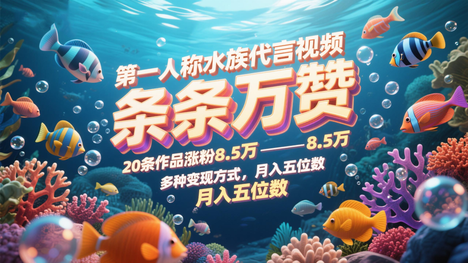 第一人称水族代言视频，条条万赞，20条作品涨粉8.5万，多种变现方式月，入五位数-余宽网创