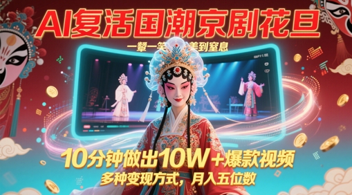 AI复活国潮京剧花旦，一颦一笑美到窒息，10分钟做出10W+爆款视频，多种变现方式，月入五位数-余宽网创