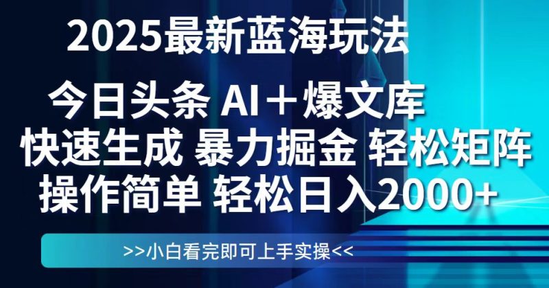 今日头条2025最新蓝海玩法，思路简单，复制粘贴，轻松实现矩阵日入2000+-余宽网创