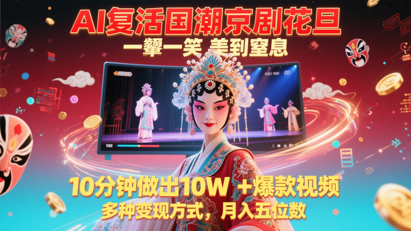 AI复活国潮京剧花旦，一颦一笑美到窒息，10分钟做出10W+爆款视频，多种变现方式-余宽网创