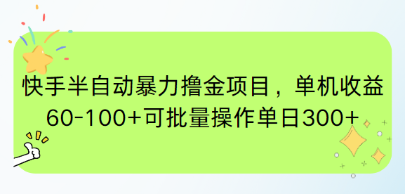快手半自动暴力撸金项目，单机收益60-100+可批量操作单日300+-站源网