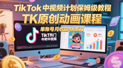 TikTok中视频计划保姆级教程，TK原创动画课程，单账号月收益4k美刀-余宽网创