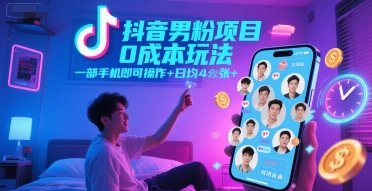 抖音男粉项目0成本玩法，一部手机即可操作，日均4张+，时间自由引流获客-私域-网赚项目-副业赚钱-互联网创业-资源整合星途社