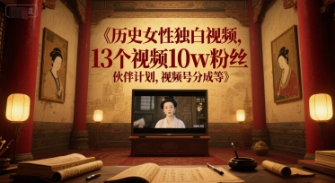 历史女性独白视频，13个视频10w粉丝，伙伴计划，视频号分成等引流获客-私域-网赚项目-副业赚钱-互联网创业-资源整合星途社