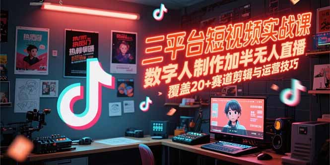 三平台短视频实战课，数字人制作加半无人直播，覆盖20+赛道剪辑与运营技巧-余宽网创