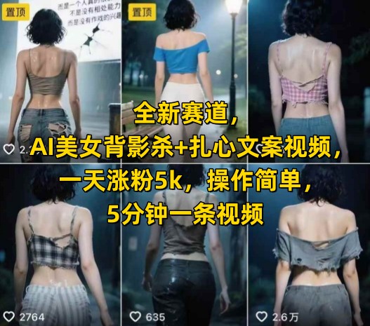 全新赛道，AI美女背影杀+扎心文案视频，一天涨粉5k，操作简单，5分钟一条视频-余宽网创