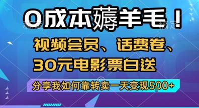 0成本薅羊毛!视频会员、话费卷、30元电影票白送，分享我如何靠转卖一天变现5张+【揭秘】-余宽网创