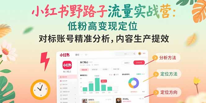 小红书野路子流量实战营：低粉高变现定位 对标账号精准分析 内容生产提效-余宽网创