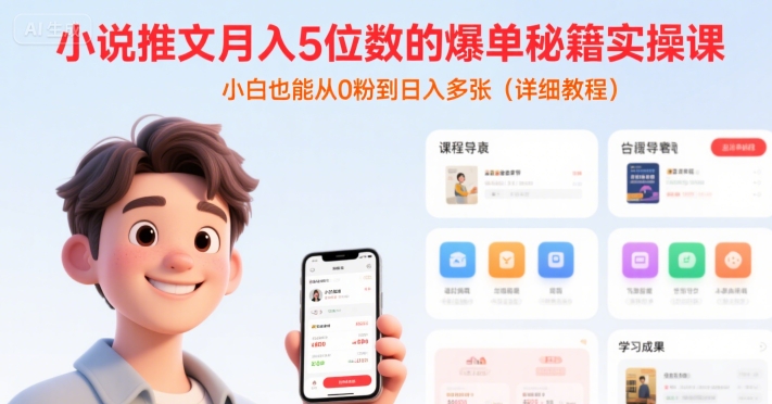 小说推文月入5位数的爆单秘籍实操课，，小白也能从0粉到日入多张(详细教程)-余宽网创