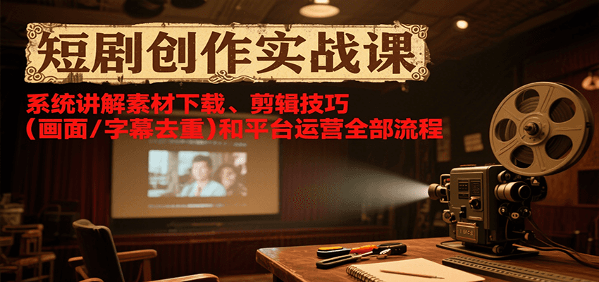 短剧创作实战课，系统讲解素材下载、剪辑技巧(画面/字幕去重)和平台运营全部流程-余宽网创