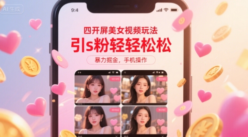 四开屏美女视频玩法，引s粉轻轻松松，暴力掘金，手机操作【揭秘】-余宽网创