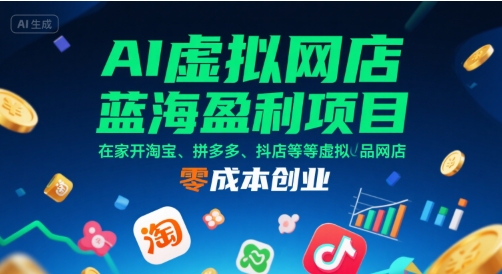 AI虚拟网店蓝海盈利项目，在家开淘宝、拼多多、抖店等虚拟品网店，零成本创业-余宽网创