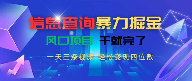 信息查询暴力掘金，一天三条视频 轻松变现四位数，风口项目干就完了-余宽网创