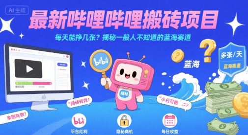 最新哔哩哔哩上B站搬砖项目，每天能挣几张？揭秘一般人不知道的蓝海赛道-余宽网创
