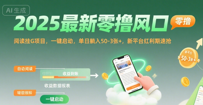 2025最新零撸风口，阅读挂G项目，一键启动，单日躺入 50-3张+，新平台红利期速抢【揭秘】-余宽网创
