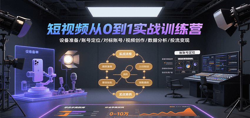 短视频从0到1实战训练营：设备准备/账号定位/对标账号/视频创作/数据分析/投流变现-余宽网创