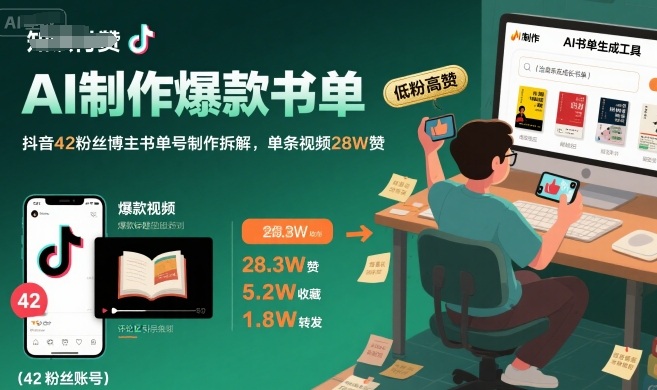 AI制作爆款书单，抖音42粉丝博主书单号制作拆解，单条视频28W赞-佐思网 - 免费PHP网站源码模板插件软件网课资源分享平台！