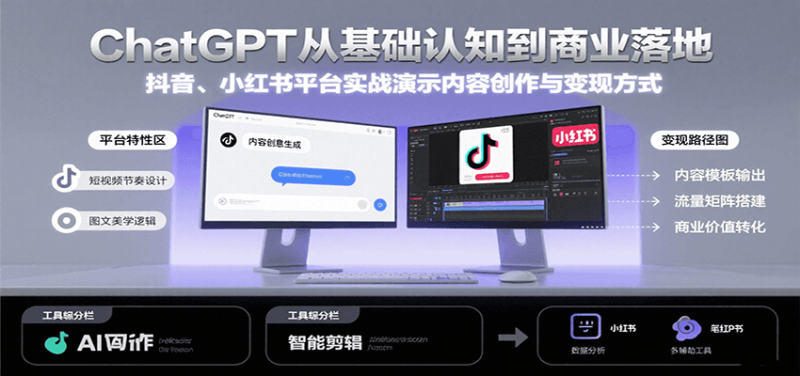 ChatGPT从基础认知到商业落地,实战演示抖音、小红书等平台的内容创作与变现-余宽网创