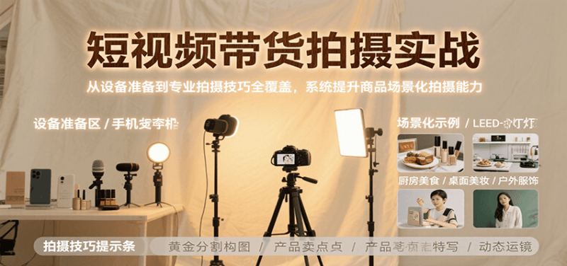 短视频带货拍摄实战,从设备准备到专业拍摄技巧全覆盖,系统提升商品场景化拍摄能力-余宽网创