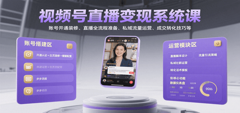 视频号直播变现系统课，账号开通装修、直播全流程准备、私域流量运营、成交转化技巧等-余宽网创