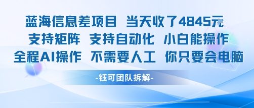 蓝海信息差项目当天收米1k+ 支持矩阵支持自动化小白能操作全程AI操作不需要人工你只要会电脑-佐思网 - 免费PHP网站源码模板插件软件网课资源分享平台！