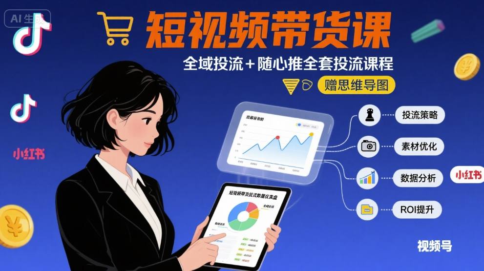 最新短视频带货课，全域投流+随心推全套投流课程+思维导图-清欢网创