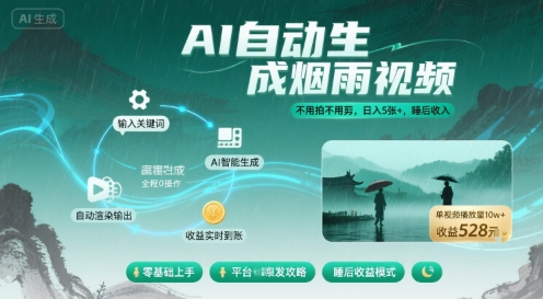 不用拍不用剪！AI自动生成烟雨视频，日入5张+，睡后收入-余宽网创