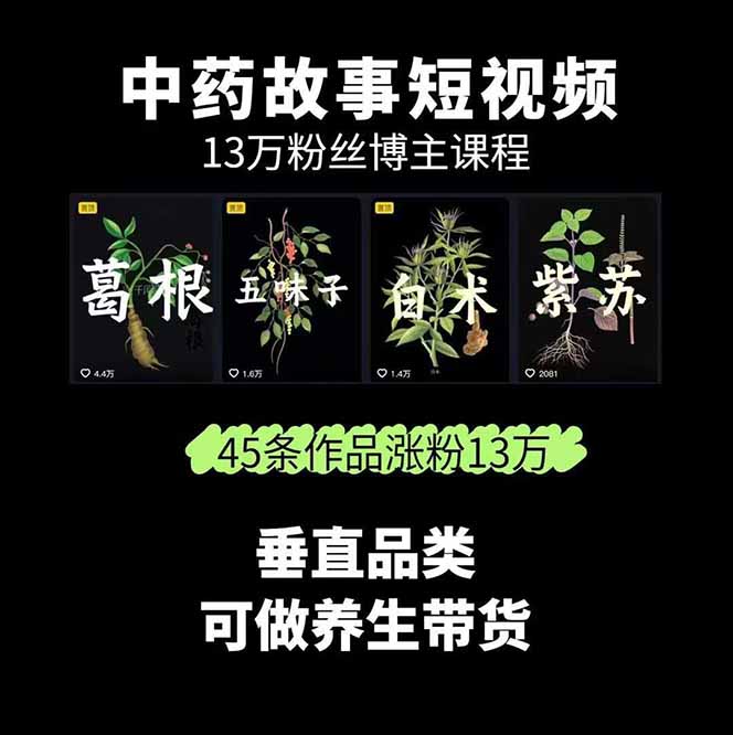 中草药养生赛道：AI文案+故事模板+橱带货，45条作品涨粉13w+单月变现1万+
