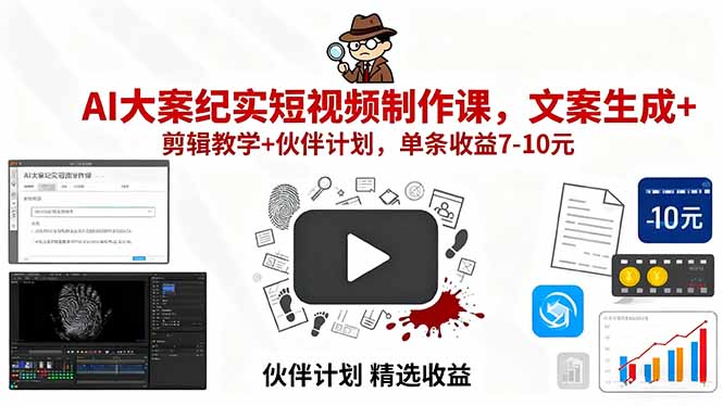 AI大案纪实短视频制作课，文案生成+剪辑教学+伙伴计划，单条收益7-10元-余宽网创