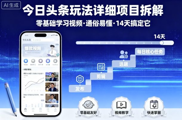 今日头条玩法详细项目拆解，零基础学习视频 通俗易懂 14天搞定它-余宽网创