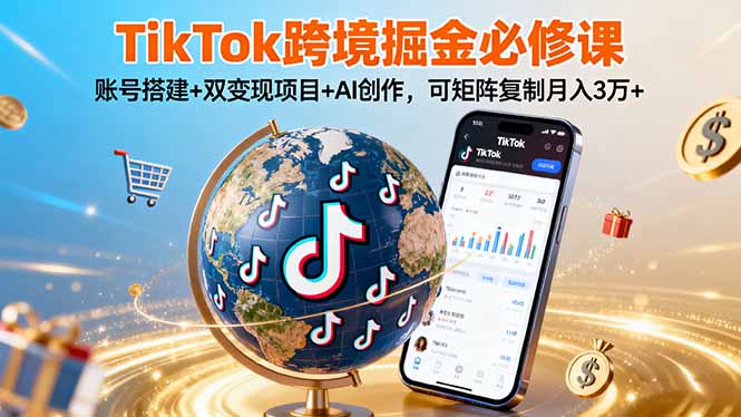 TikTo跨境掘金必修课，账号搭建+双变现项目+AI创作，可矩阵复制月入3万+-余宽网创