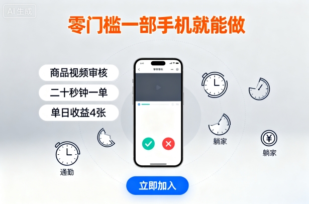 零门槛一部手机就能做，商品视频审核，通勤躺家碎片时间都能做，二十秒钟一单，单日收益4张【揭秘】-余宽网创