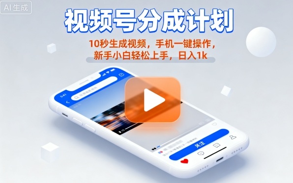 视频号分成计划懒人玩法，10秒生成视频，手机一键操作，新手小白轻松上手，日入1K【揭秘】-余宽网创