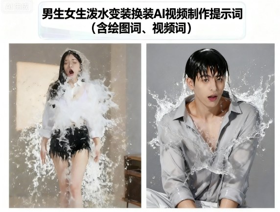 男生女生泼水变装换装AI视频制作提示词(含绘图词、视频词)-余宽网创