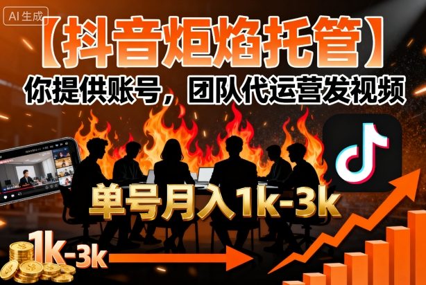 【抖音炬焰托管】你提供账号，团队代运营发视频，单号月入1k+【揭秘】-余宽网创