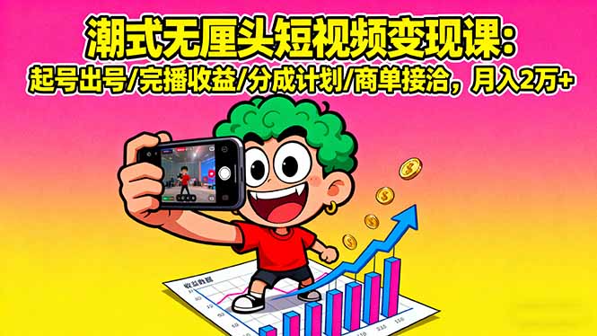 潮式无厘头短视频变现课：起号出号/完播收益/分成计划/商单接洽，月入2万+-余宽网创