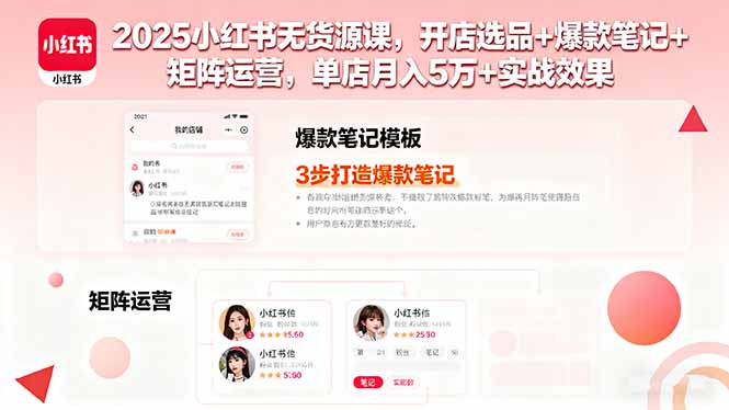 2025小红书无货源课，开店选品+爆款笔记+矩阵运营，单店月入5万+实战效果-余宽网创