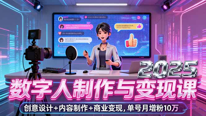 2025数字人制作与变现课，创意设计+内容制作+商业变现，单号月增粉10万+-余宽网创
