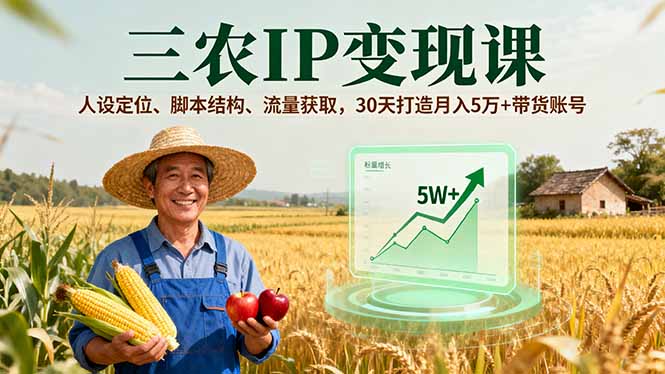 三农IP变现课，人设定位、脚本结构、流量获取，30天打造月入5万+带货账号-