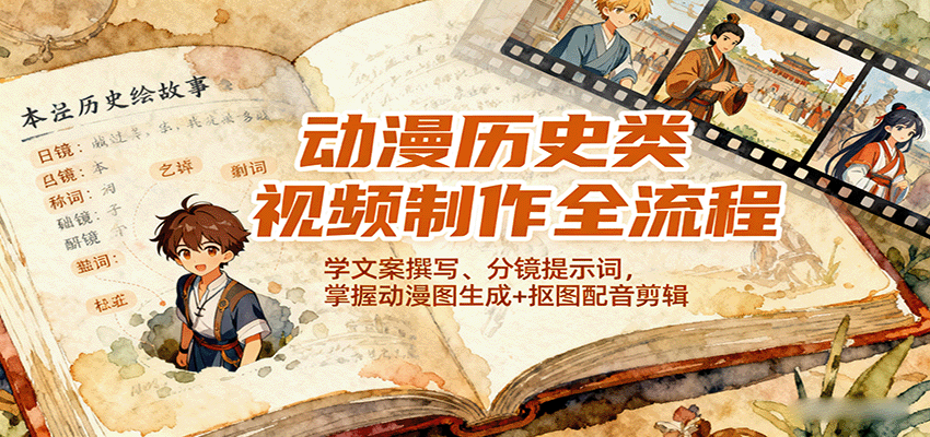 动漫历史类视频制作全流程，学文案撰写、分镜提示词，掌握动漫图生成+抠图配音剪辑-