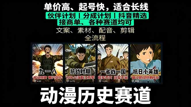 历史动漫赛道撸分成：起号、文案、素材、配音、剪辑，单视频收益破万-