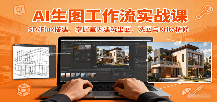 AI生图工作流实战课：SD/Flux搭建，掌握室内建筑出图、洗图与Krita精修-