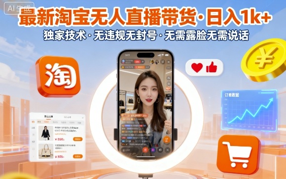 最新淘宝无人直播带货，日入1k+，独家技术，无违规无封号，无需露脸无需说话【揭秘】-