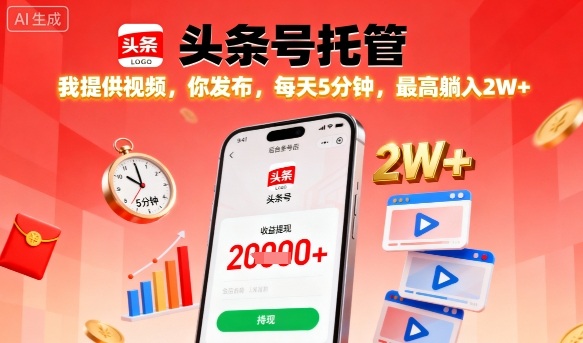 【头条号托管】我提供视频，你发布，每天5分钟，最高躺入2W+【揭秘】-