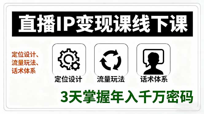 直播IP变现课线下课，定位设计、流量玩法、话术体系，3天掌握年入千万密码-